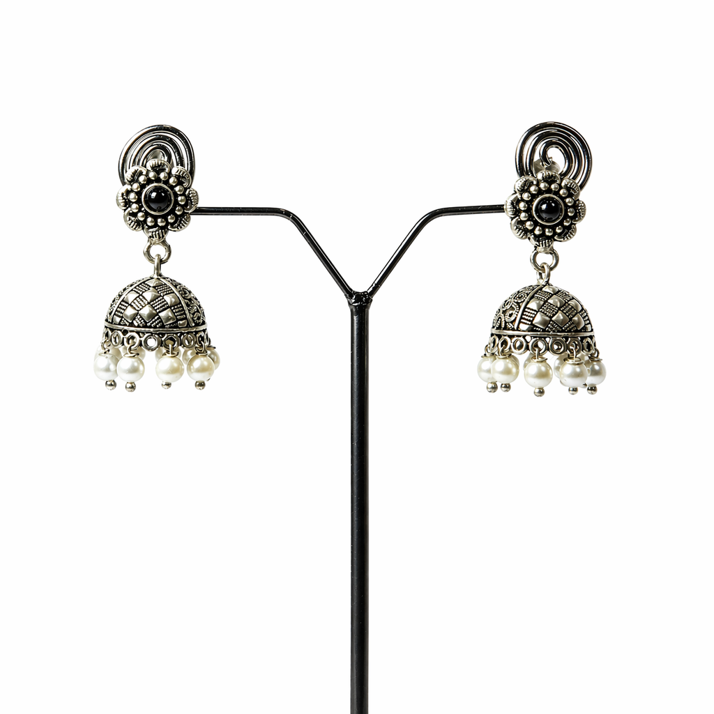 Pearl Hanging Oxidised Silver Jhumka Earrings