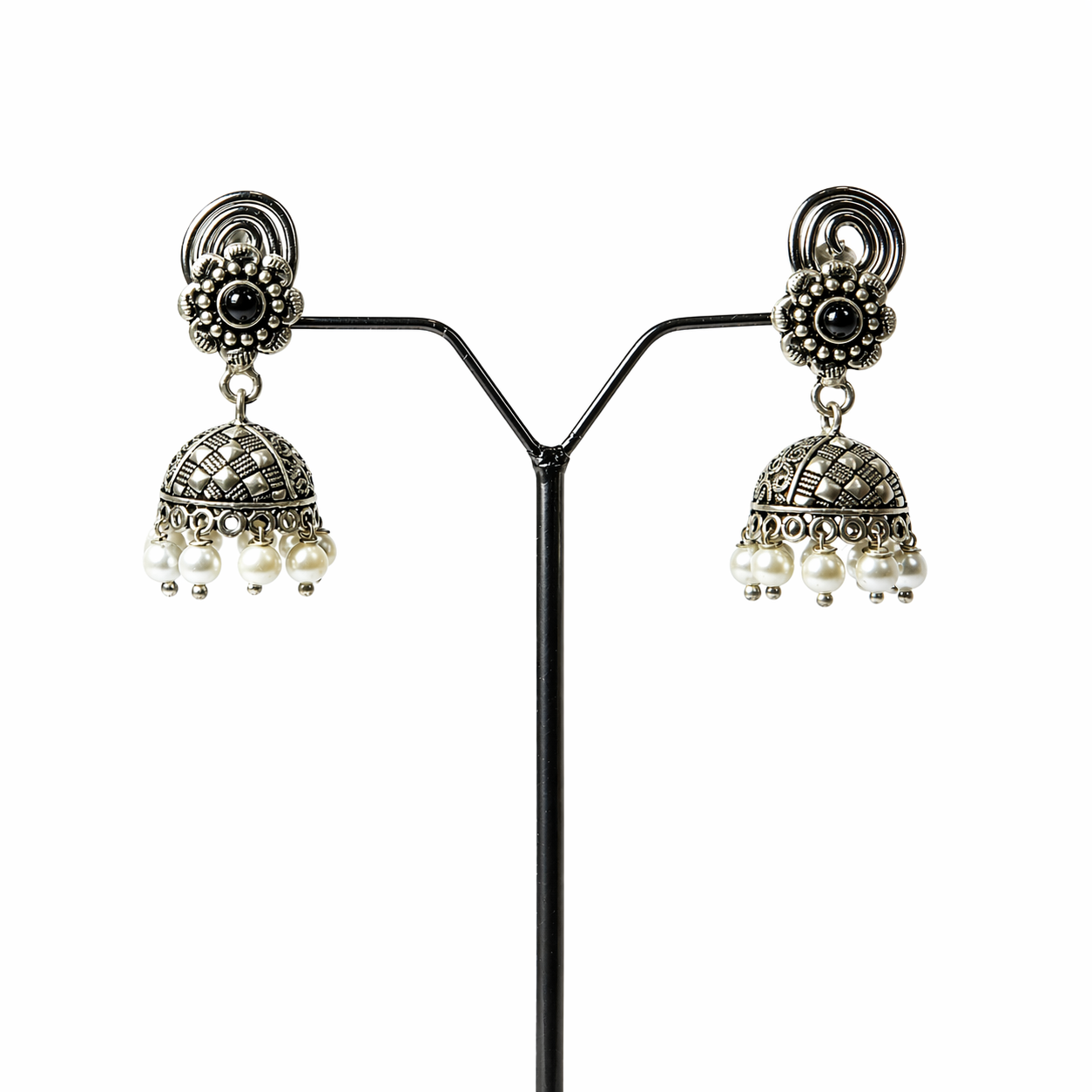 Pearl Hanging Oxidised Silver Jhumka Earrings