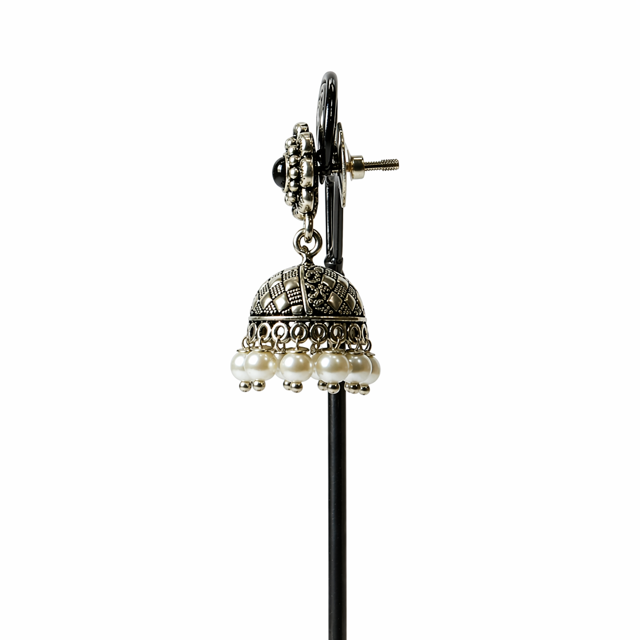 Pearl Hanging Oxidised Silver Jhumka Earrings