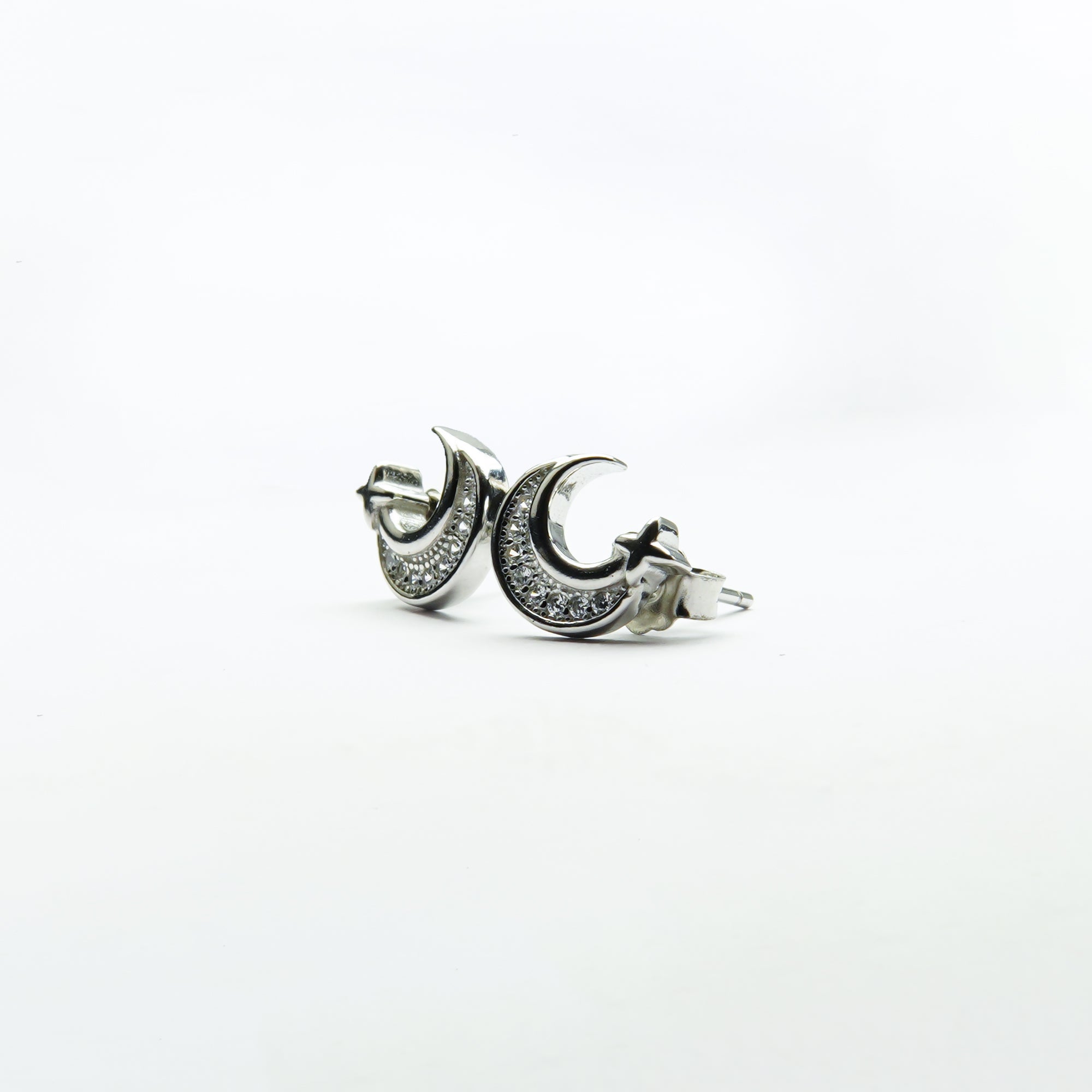 Celestial Crescent Moon & Star Silver Studs