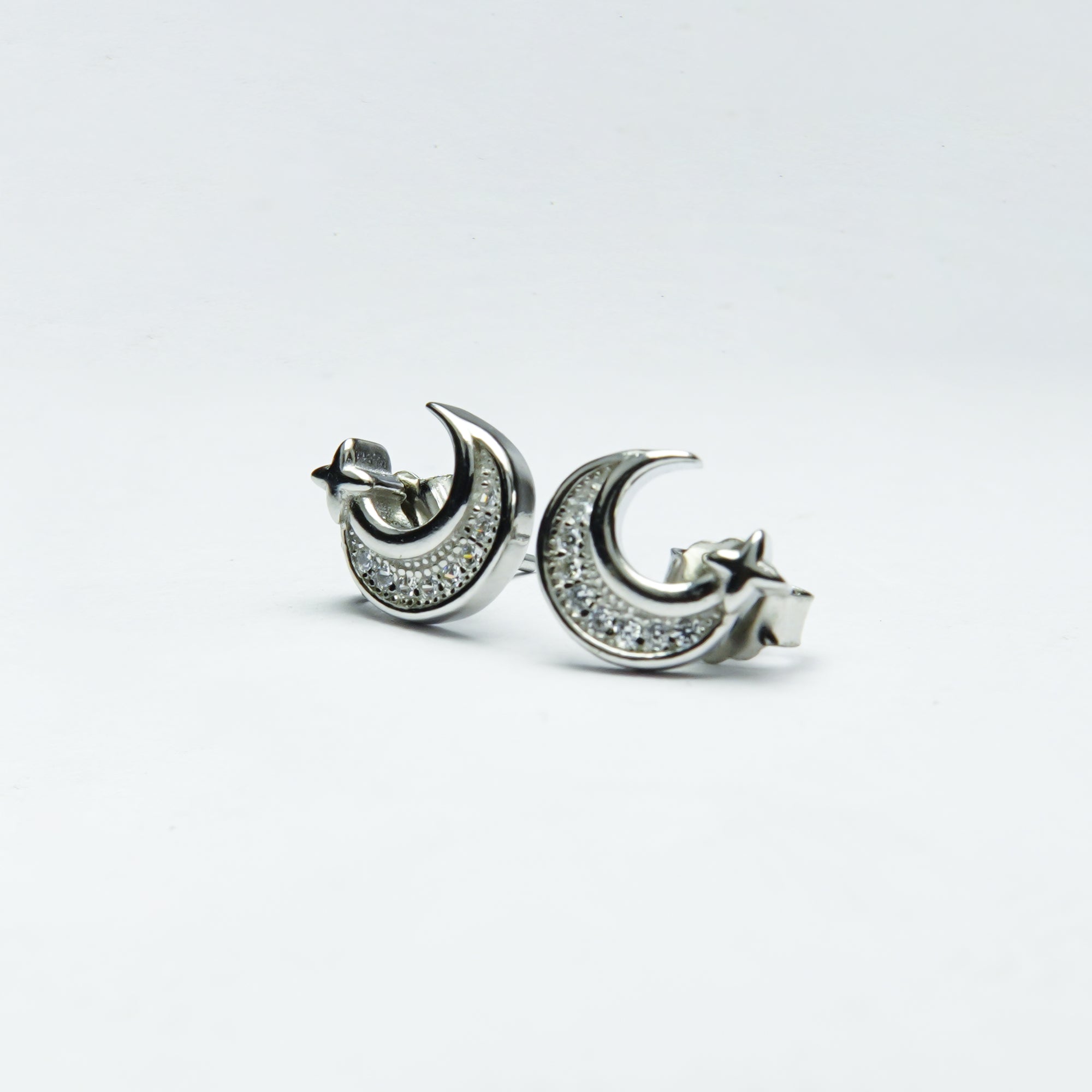 Celestial Crescent Moon & Star Silver Studs