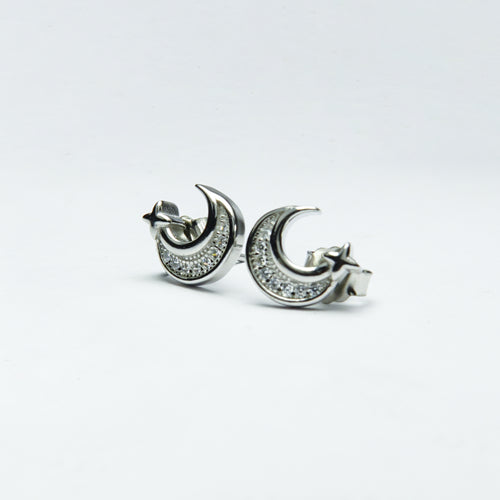Celestial Crescent Moon & Star Silver Studs