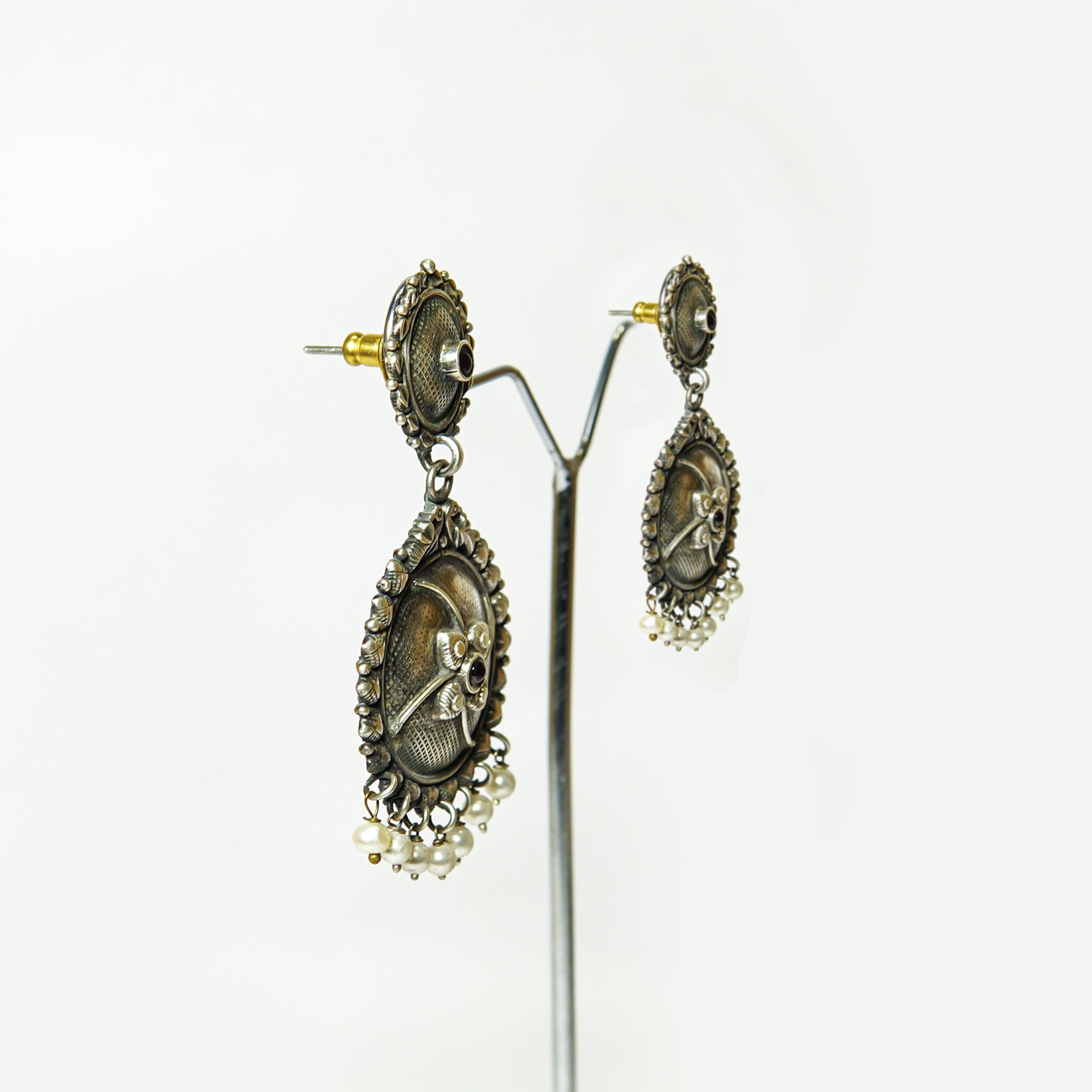 Filigree Oxidised Pearl Drops Earrings