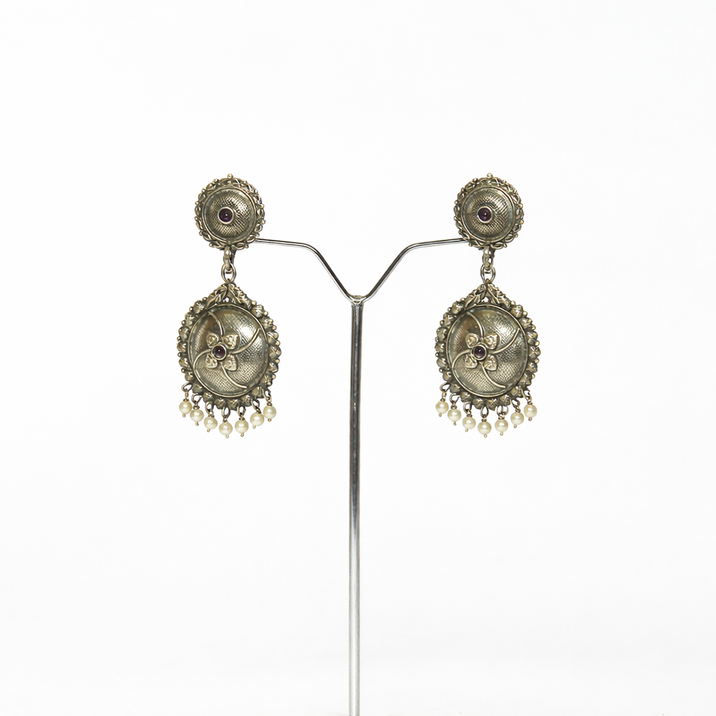 Filigree Oxidised Pearl Drops Earrings