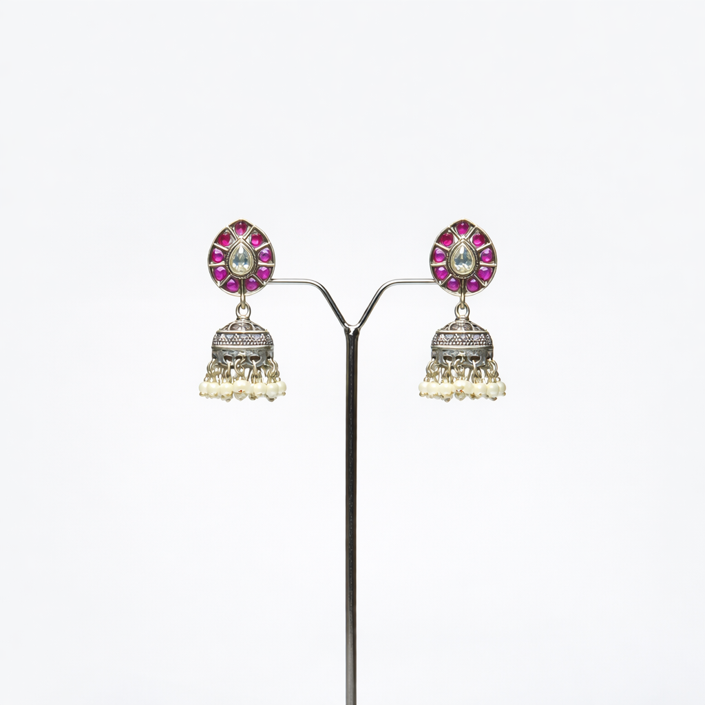 Teardrop Ruby Oxidised Jhumka Earrings