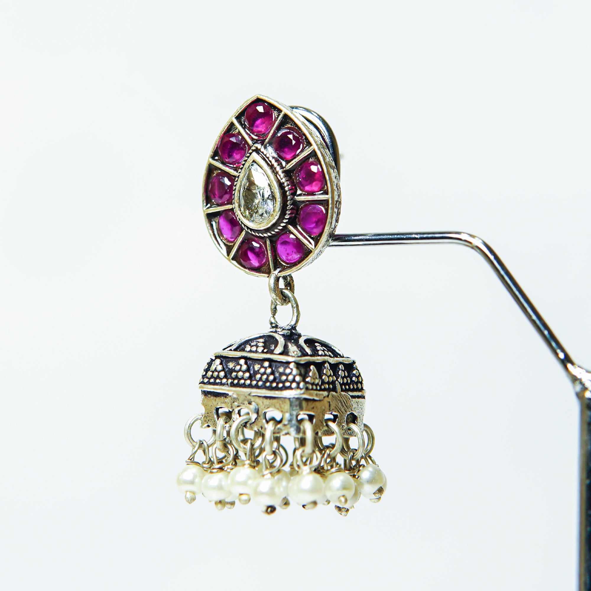 Teardrop Ruby Oxidised Jhumka Earrings