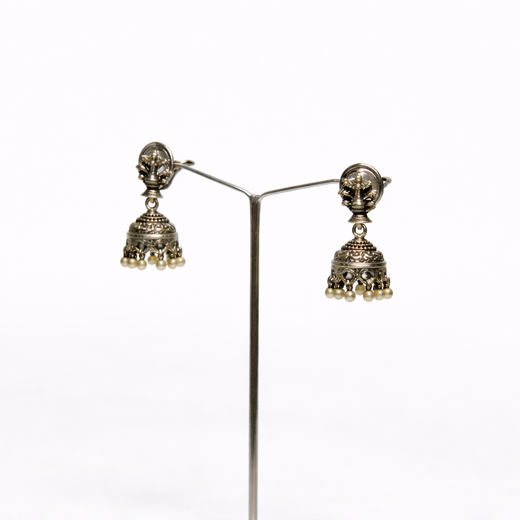 Peacock Motif Oxidised Jhumka Earrings