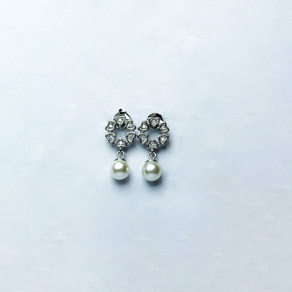 Majestic Pearl & Heart Halo Silver Dangle Earrings