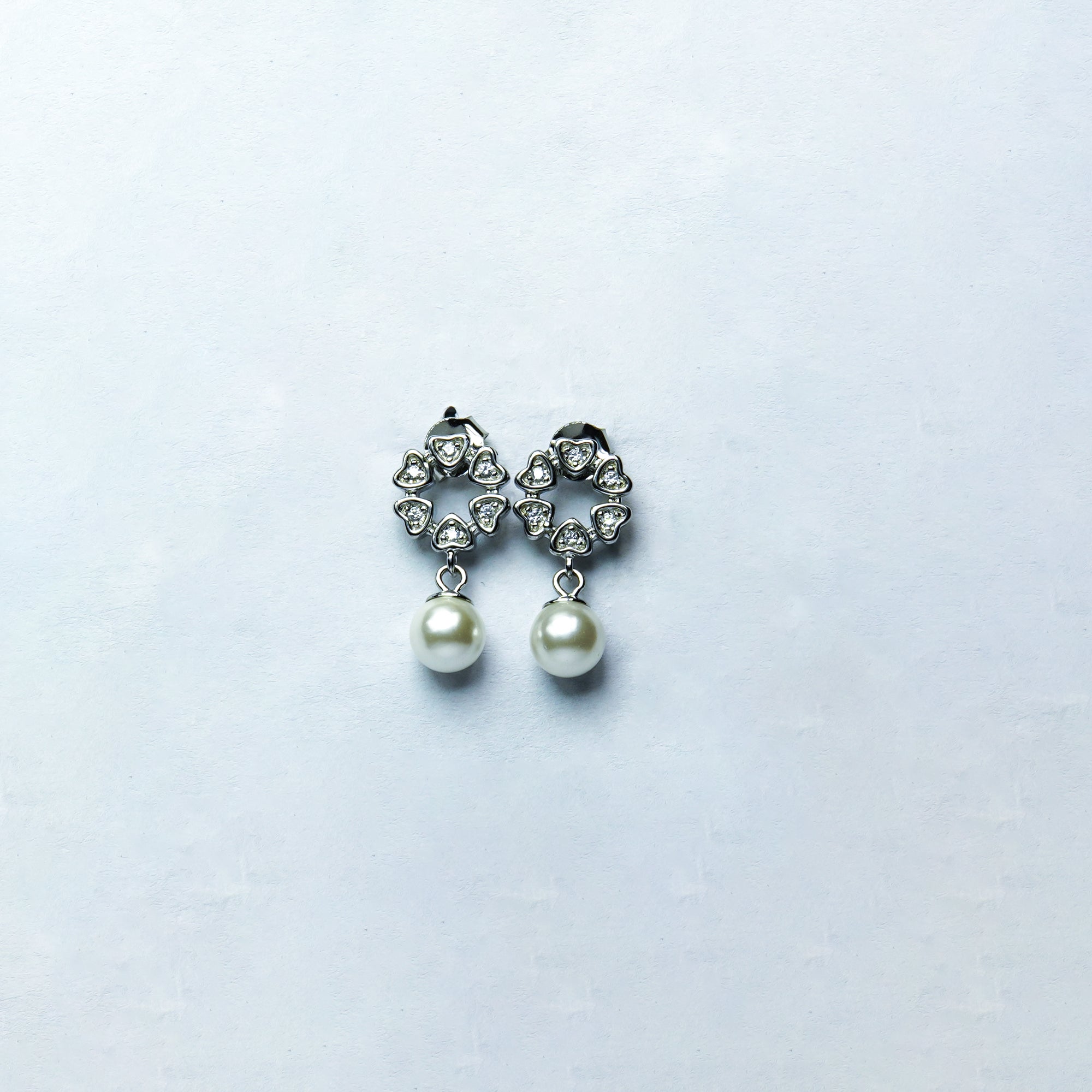Majestic Pearl & Heart Halo Silver Dangle Earrings