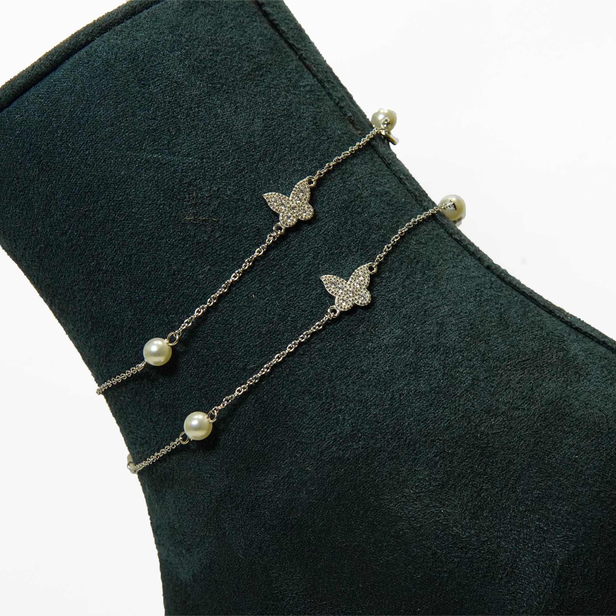 Silver Butterfly & Pearl Anklets