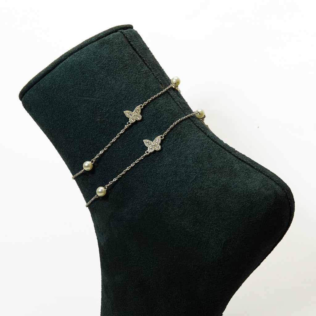 Silver Butterfly & Pearl Anklets