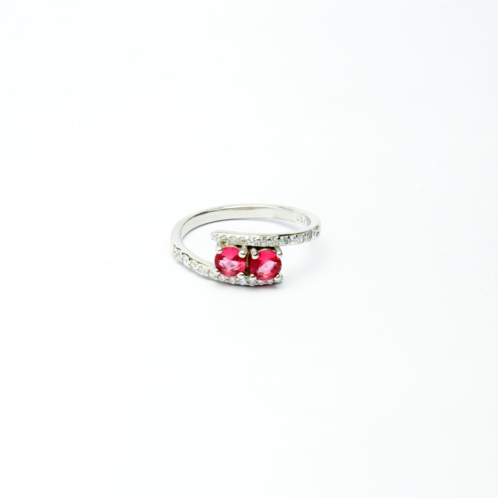 Two Red Stone Bypass SIlver Ring