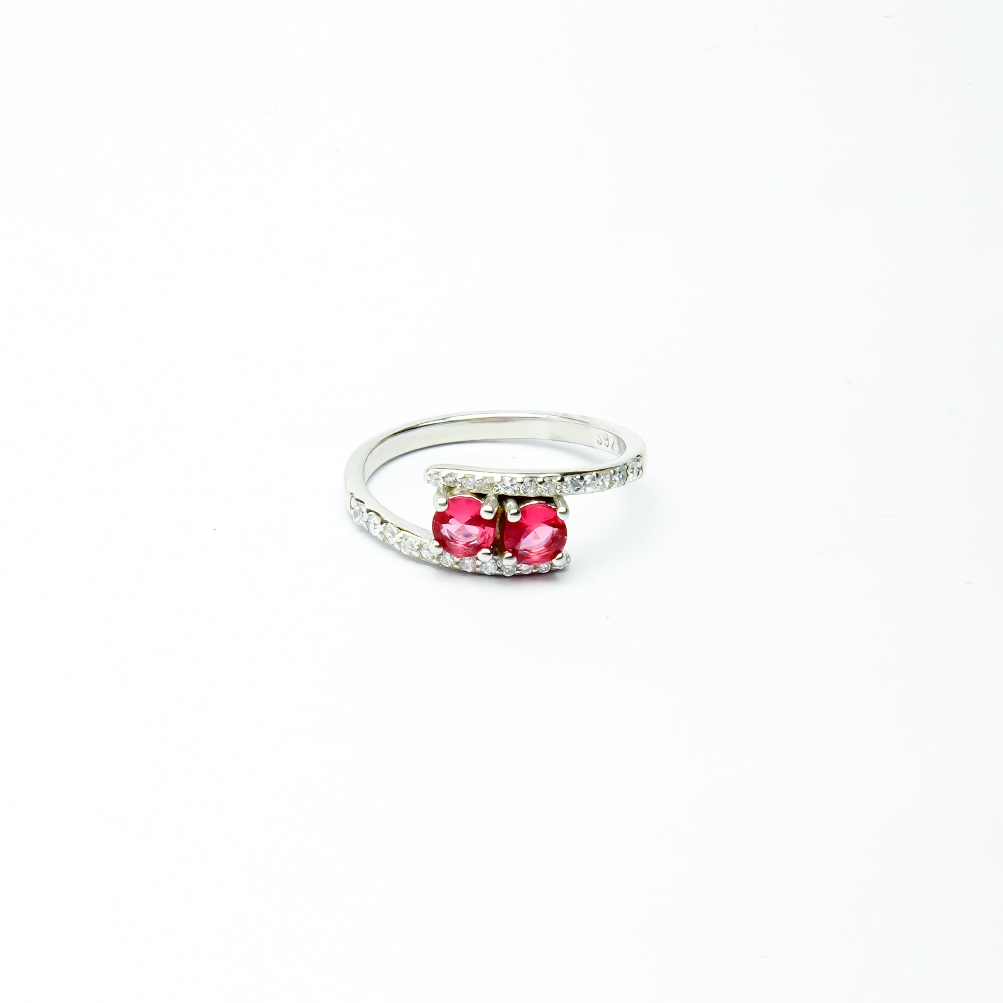 Two Red Stone Bypass SIlver Ring