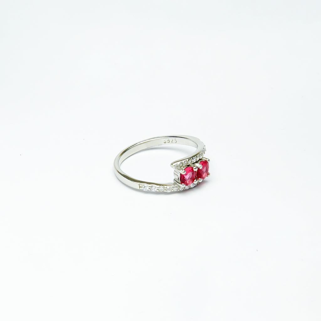 Two Red Stone Bypass SIlver Ring