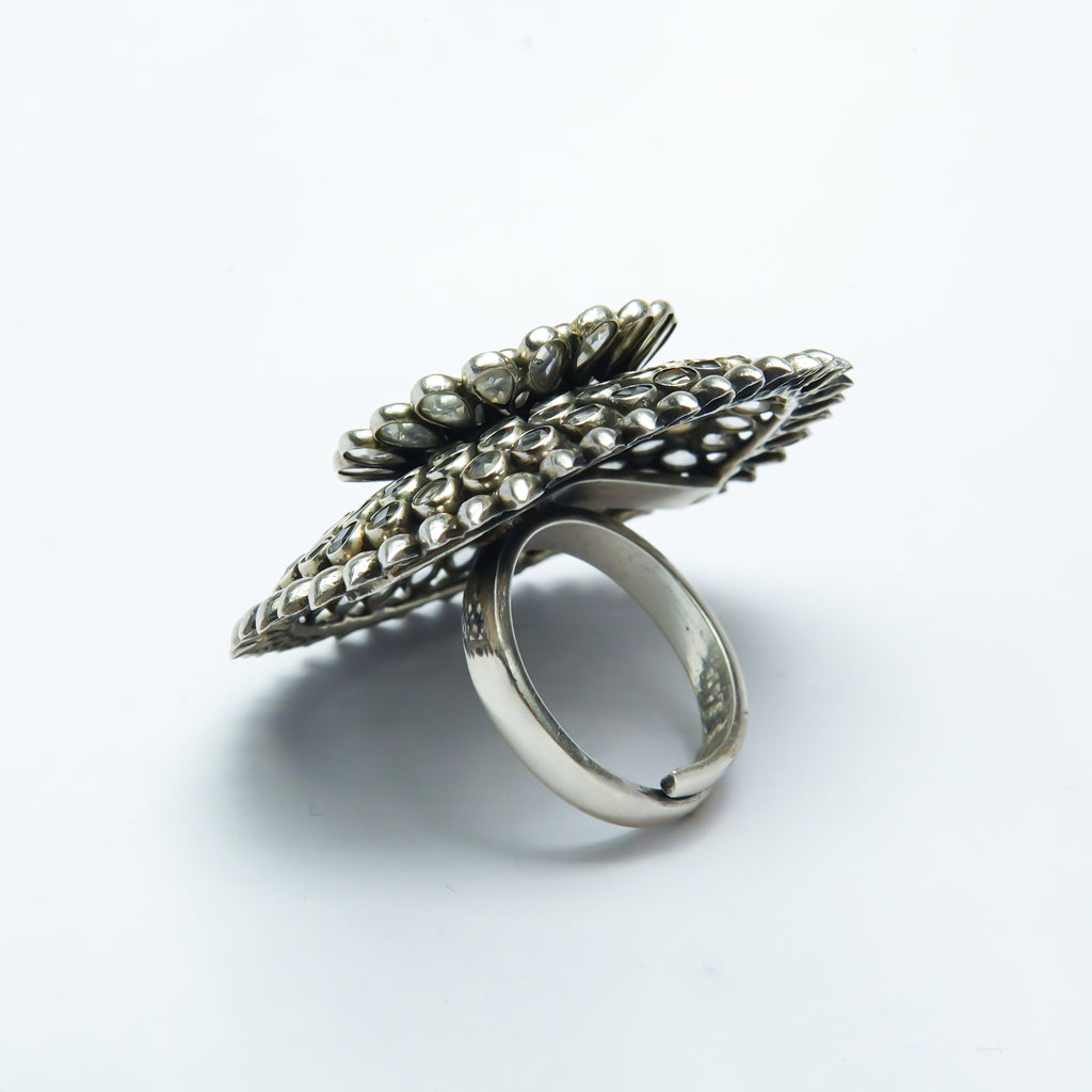 Oxidised sunny Flower Cocktail SIlver RIng