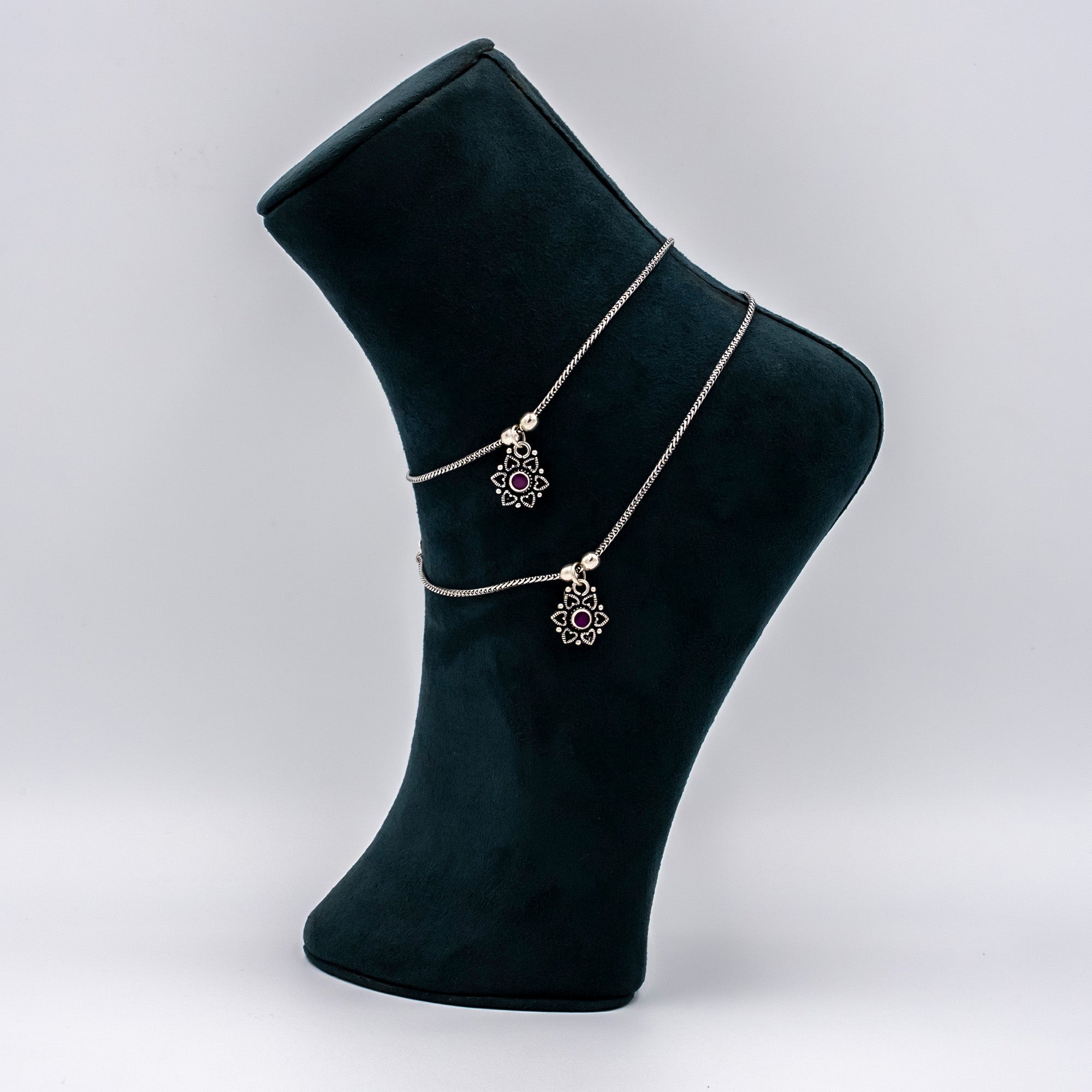 Silver Oxidised Crimson Bloom Payal