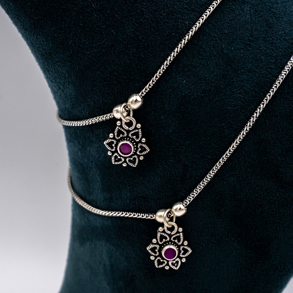 Silver Oxidised Crimson Bloom Payal